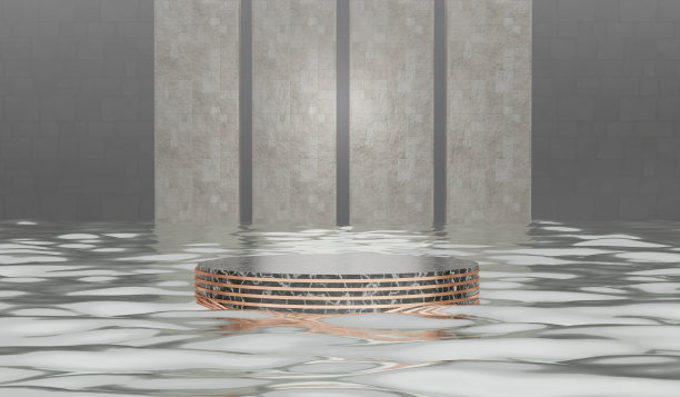 圆形水面讲台，泳池展厅，水上浮动大理石讲台，有水的房间，产品展示，3D插画图片下载