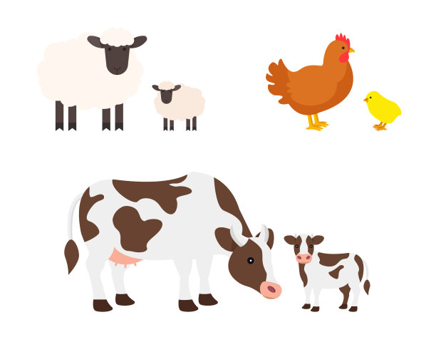 可爱的农场动物设置在白色背景。牛，鸡，鸡，猪，羊。矢量插图。图片下载
