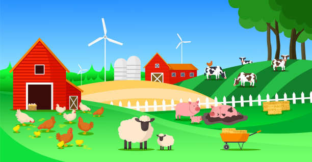 农场动物矢量插图。卡通农场景观与牛，猪，羊和鸡。图片下载