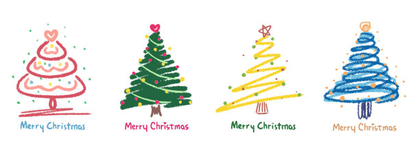 圣诞树集设计元素，矢量插图。蜡笔画图片下载