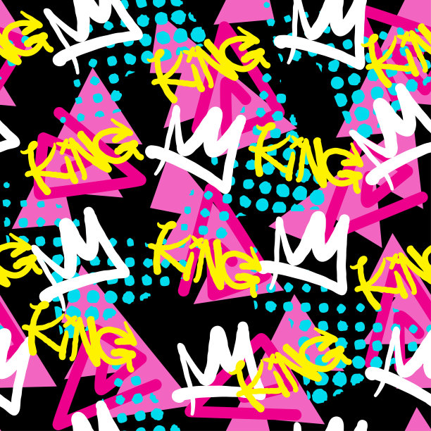 复古的涂鸦三角形几何形状，半色调与皇冠符号和文字无缝图案图片下载