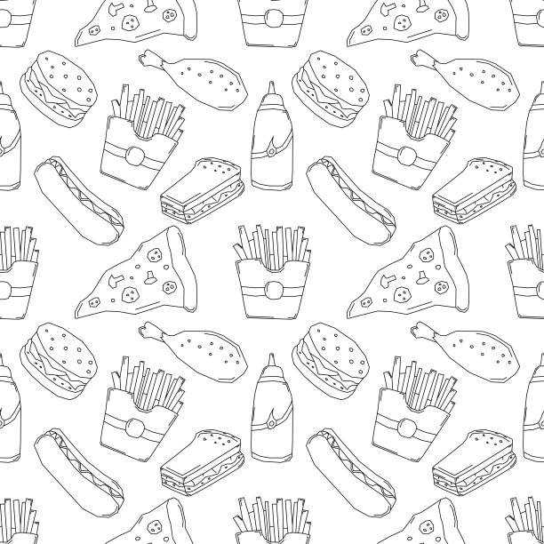 无缝快餐模式。快餐背景。涂鸦快餐图标。绘制的食物图案图片下载