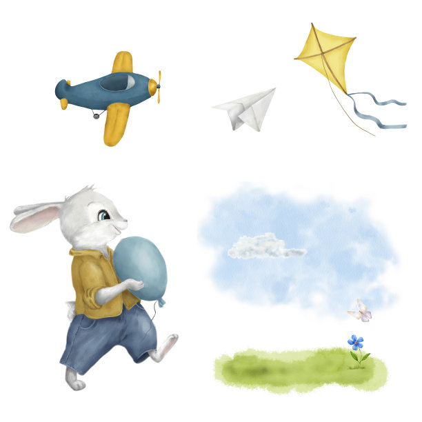 欢快的小兔子拿着气球、纸飞机、风筝和儿童飞机。卡通布景，阳光明媚的草地孤立的背景。水彩插图在数字风格。图片下载