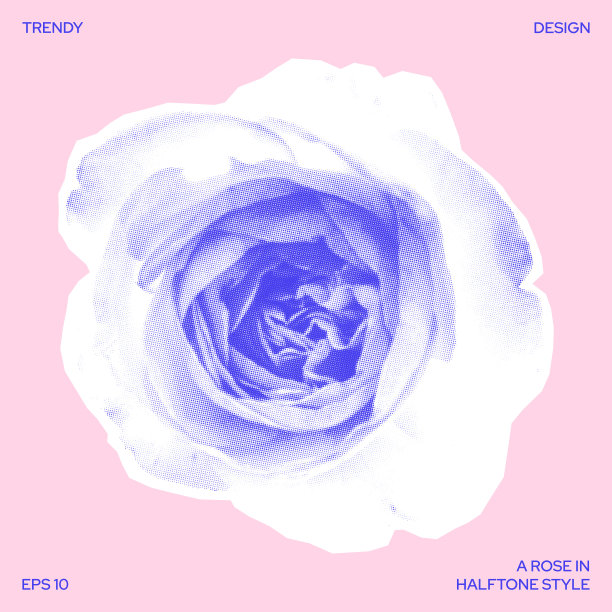 玫瑰在半色调风格在粉红色的背景。Y2K元素。拼贴花设计。玫瑰贴纸用于装饰和设计点缀。矢量图图片下载