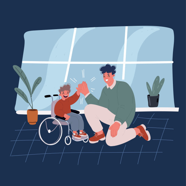 卡通矢量插图快乐的年轻爸爸给小男孩在轮椅和他的父亲给对方击掌图片下载