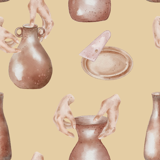 两只手在一壶水彩里不停地印着。妇女的手和陶瓷花瓶在柔和的色调手绘无缝图案。用手工制作的陶器和女性手指设计图案，用于纺织品，包装图片下载