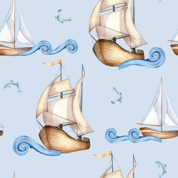 各种帆船在卷曲的波浪和小鱼手绘无缝图案。海洋艺术设计纺织品水彩。鱼和帆船作为背景。海洋场景进行包装、印刷图片下载