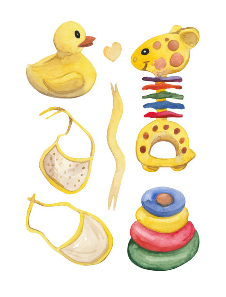 这个迷人的水彩画集展示了一系列的婴儿必需品图片下载