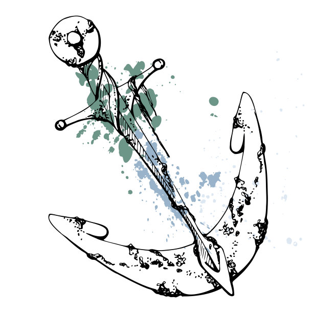 船锚飞溅海难藻类，海洋生物，海洋水下，笔墨素描手绘。单一对象插图风格化，孤立在白色。动物园商店，水族馆，化妆品，度假村图片下载