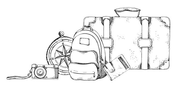 复古的行李箱，背包行李，导航指南针，旧照相机。矢量墨水手绘复古插图。适用于旅游、旅游、宣传册、婚庆、导游、印刷、名片纹身等。图片下载
