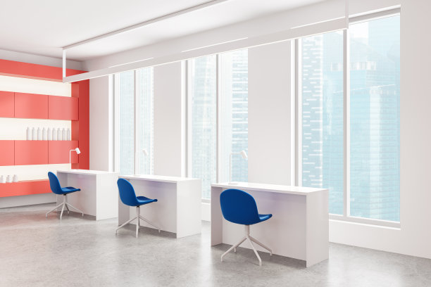 现代美甲沙龙内部有蓝色的椅子，白色的桌子，和红色的橱柜，在明亮的高层背景下，一个极简主义的水疗概念。三维渲染图片下载