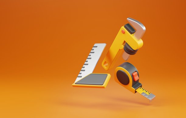 角尺卷尺、卷尺、活动扳手、量具符号。三维渲染图片下载