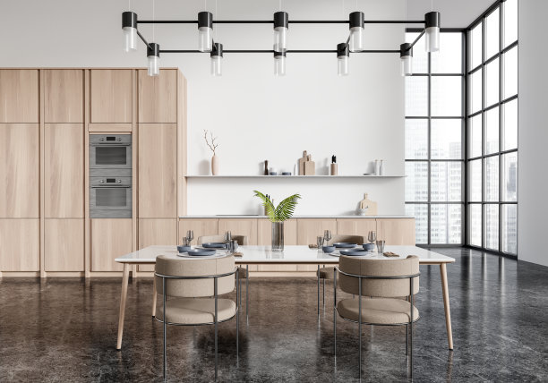 现代厨房内饰配有餐桌和椅子，配有轻便的木柜和大窗户，厨房概念明亮宽敞。三维渲染图片下载