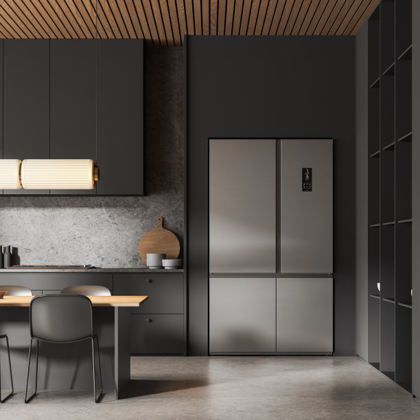 黑暗的家庭厨房内部与餐桌和橱柜，冰箱图片下载