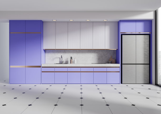 豪华家庭厨房内饰，厨柜和冰箱，瓷砖地板图片下载