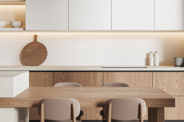 时尚的家庭厨房内部配有餐桌和烹饪空间，特写图片下载