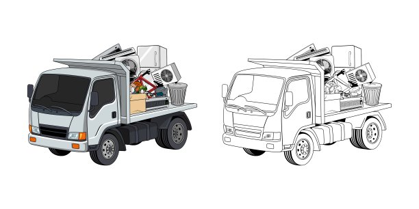 皮卡车装载家庭垃圾卡通设计插图图片下载