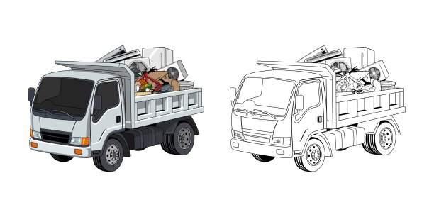 皮卡车装载家庭垃圾卡通设计插图图片下载