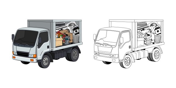 皮卡车装载家庭垃圾卡通设计插图图片下载