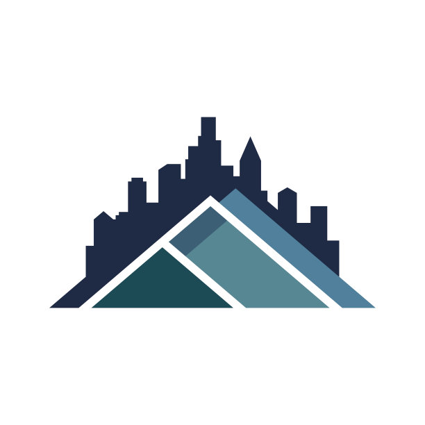 一个现代的标志，以房屋屋顶为背景，以城市天际线为背景，以时尚和专业的设计代表城市生活，房地产和社区。图片下载