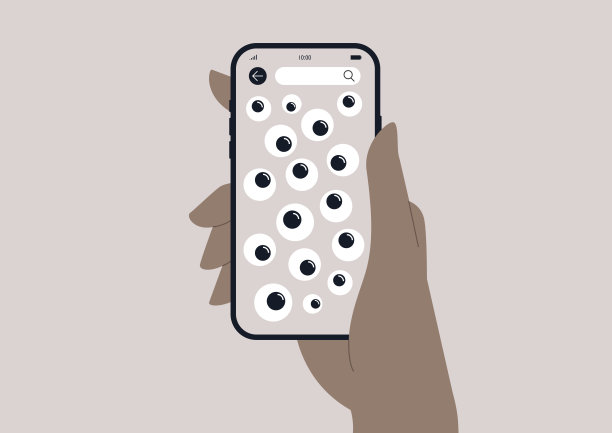 一只手拿着一个移动设备，上面有一排大眼睛，给人一种有趣的观察和好奇的感觉图片下载