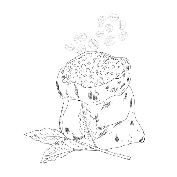 涂色书页黄麻袋与咖啡豆和一个分支的咖啡植物与叶黑白插图印刷和网页使用图片下载