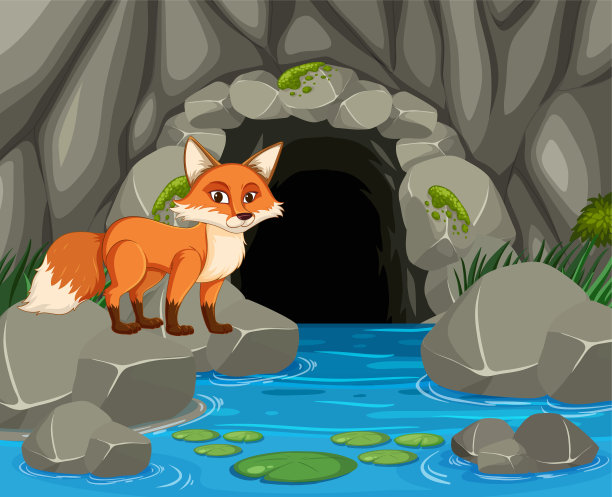 一只狐狸站在山洞入口附近图片下载