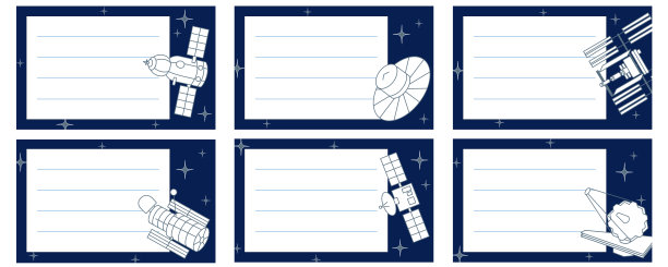 一套笔记本名字贴纸，上面有太空望远镜、宇宙飞船和空间站。矢量图图片下载