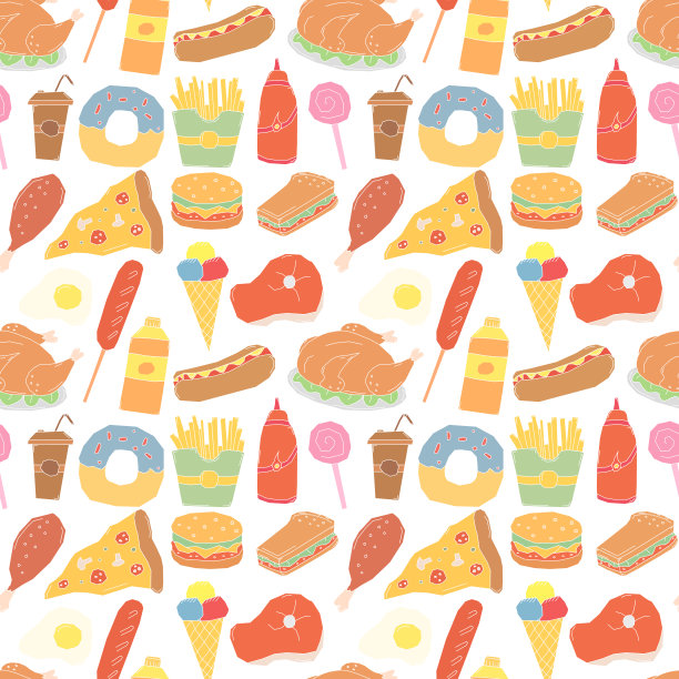 无缝快餐模式。快餐背景。涂鸦快餐图标。绘制的食物图案图片下载