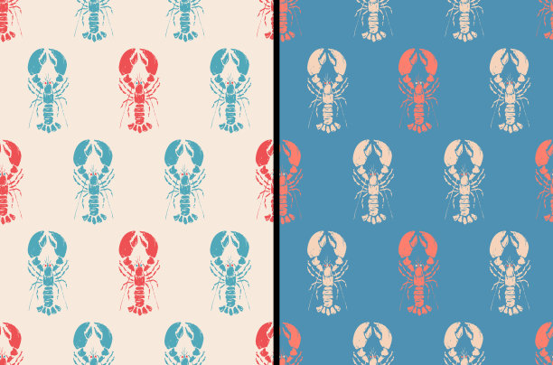 龙虾的矢量复古图案。矢量集模式的复古红色和蓝色龙虾。图片下载
