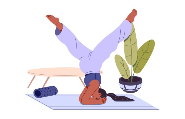 准妈妈练习怀孕瑜伽。孕妇训练头倒立、倒立姿势。快乐的大肚子女孩做运动锻炼，在室内锻炼。平面隔离矢量插图上的白色图片下载