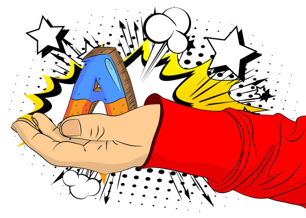 卡通，漫画人手握字母A.复古矢量漫画波普艺术设计。图片下载