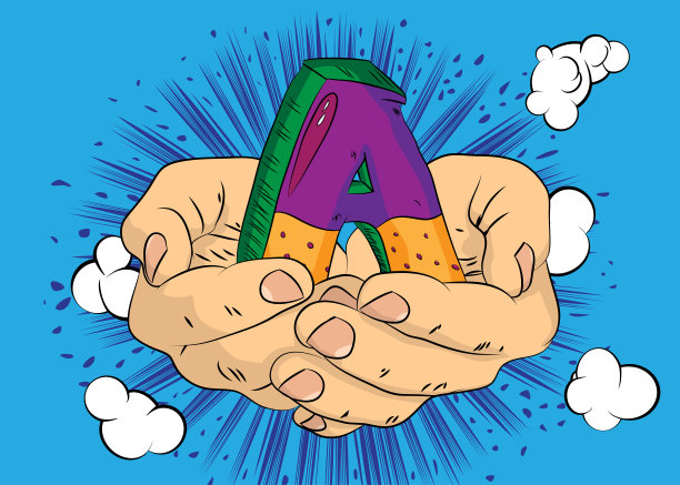 卡通，漫画人手握字母A.复古矢量漫画波普艺术设计。图片下载