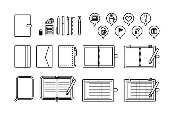 插图图标集的笔记表示在简单的线条图片下载