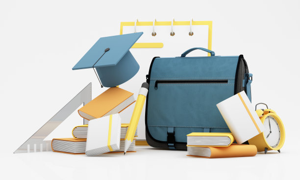 返校概念模板设计。具有卡通3d渲染的设计风格。白色背景设计与书包，纸笔记本和文具元素。是时候回学校了。教育图片下载