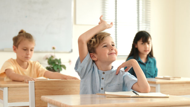 聪明的白人男孩在课堂上举手提问老师。教育学。图片下载
