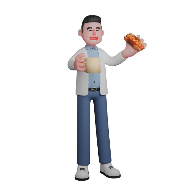 3D男性医生保健插图。享用饮料和热狗的男主角。专业图片下载