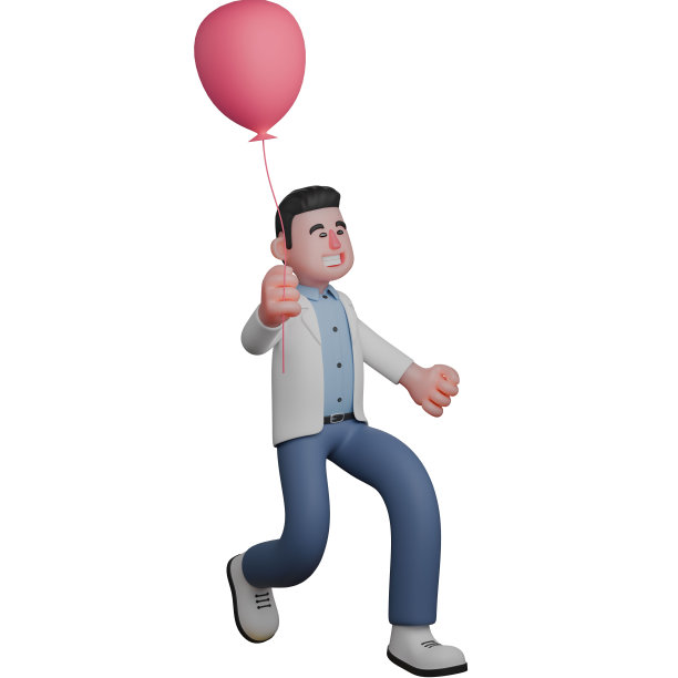 医学3D男医生。带着粉色气球奔跑的男性角色。专业的品质图片下载