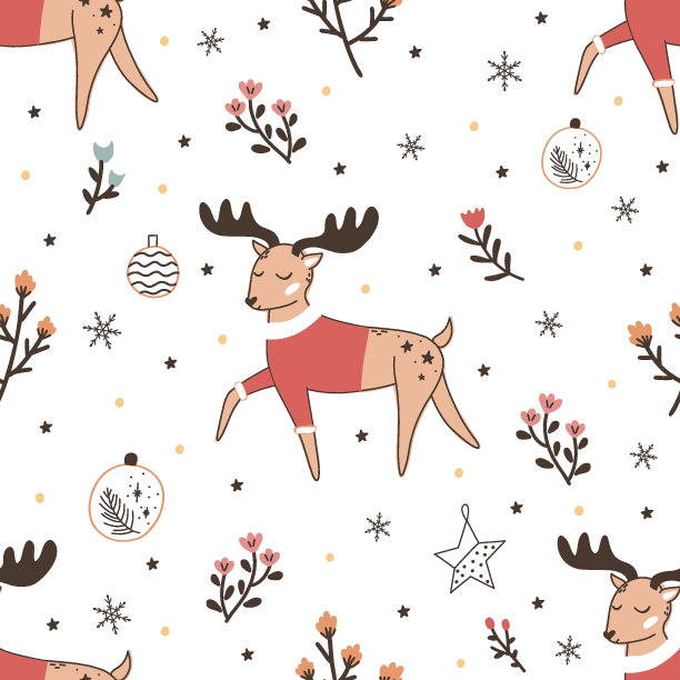 可爱的无缝图案圣诞树，鹿，野兔，狐狸，麋鹿，鲜花。新年快乐图片下载