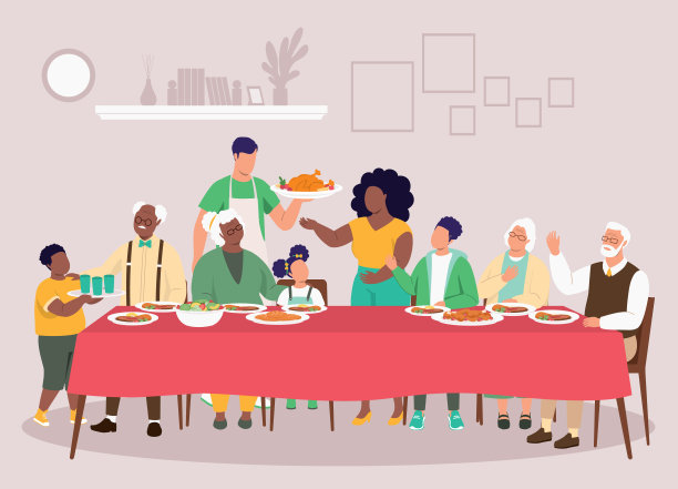 多代同堂的大家庭围坐在餐桌旁，一起在家里吃团圆饭。感恩节。姻亲。大家庭。混合家庭。三代。跨种族。黑白混血儿。图片下载