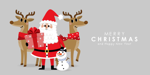 圣诞快乐新年好，带有圣诞老人、雪人和鹿的节日卡通人物矢量素材图片下载