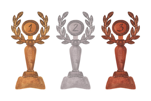 一套闪亮的杯子分别代表第一、第二和第三名。比赛获胜者的奖品。象征成功、好运和成就。孤立的水彩插图在白色的背景。剪纸艺术图片下载