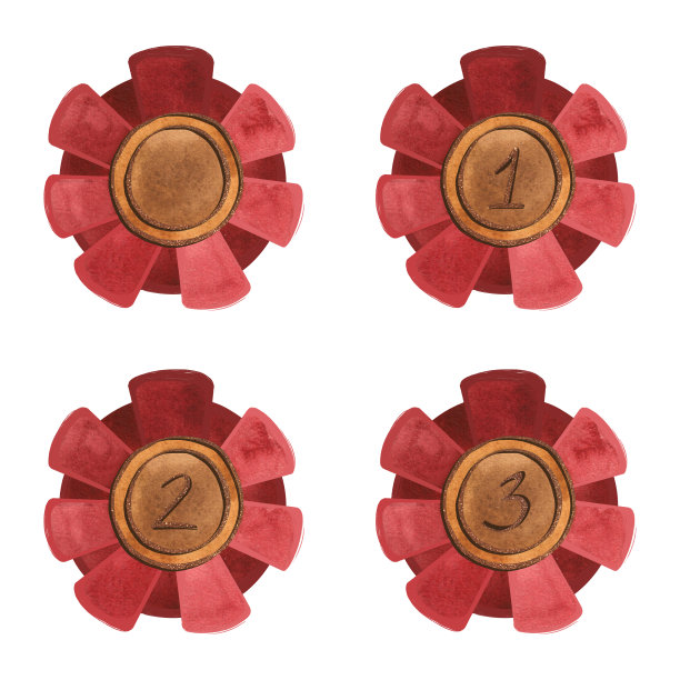 有红丝带镶边的镀金奖牌，颁发给比赛或展览会的获胜者。象征好运和成就，奖品，奖励。孤立的水彩插图在白色的背景。剪纸艺术图片下载