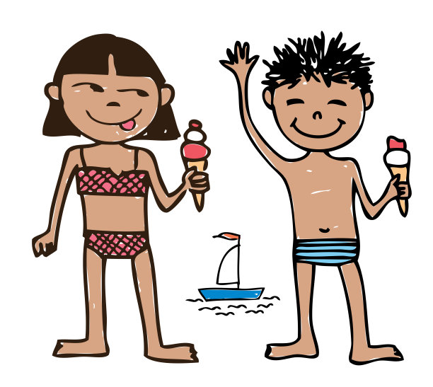 两个小快乐的卡通孩子与冰淇淋在海滩上晒暑假，矢量轮廓插图孤立的白色图片下载