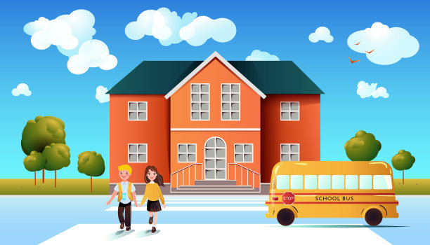 回归校园安全理念。孩子们坐在校车上。矢量卡通风格插图图片下载