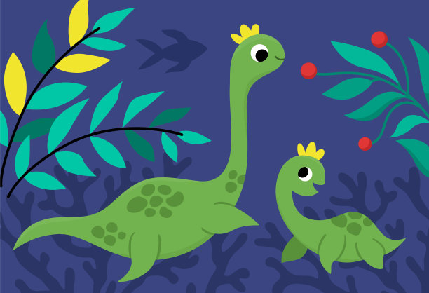 矢量水平场景与游泳蛇颈龙和他的孩子。母子恐龙景观插图。可爱的史前风景与海，海藻。有趣的水恐龙场景给孩子们图片下载