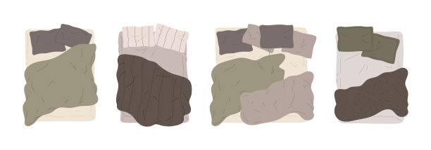 卡通床。舒适的床上用品，现代卧室家具覆盖着棉毯和枕头顶视图平面矢量插图集。舒适的床从上面看图片下载