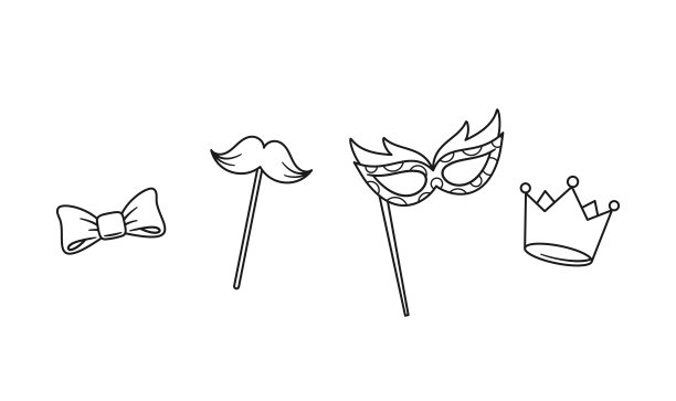 派对道具的有趣集合，包括领结，胡须和假面面具上的棍棒和皇冠，矢量插图图片下载