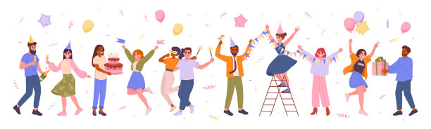 人们庆祝。男人和女人跳舞和有乐趣在一起，朋友庆祝聚会平面矢量插图。周年纪念或生日聚会庆祝白色背景图片下载