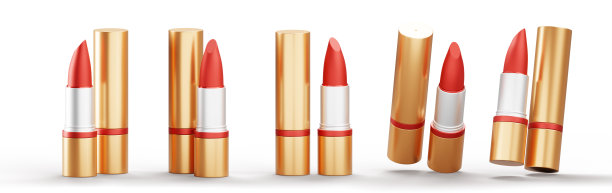 3d套红色口红在不同角度的看法。黄金打开和关闭润发管模型渲染图标。奢华颜妆彩妆美容产品模板孤立在白色背景上图片下载